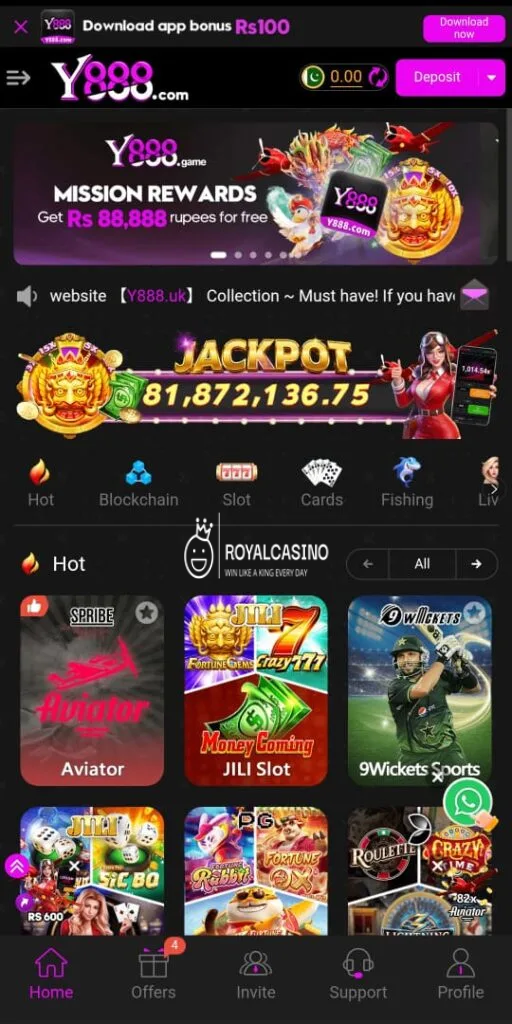 Dashboard of y888 game app, featuring a Jackpot and additional gaming options