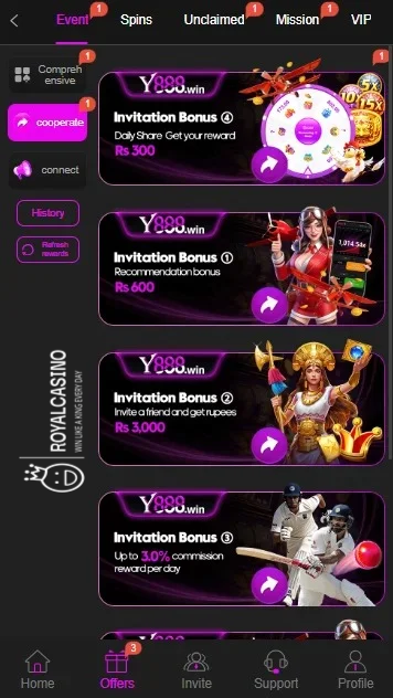 UI of Y888 game, mentioning the invitation bonuses.